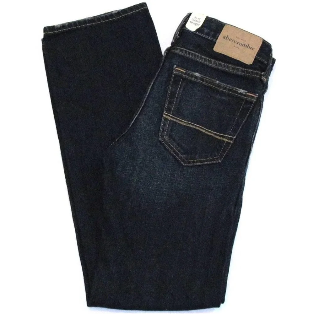 NWT Abercrombie Boys 12 Slim Classic Straight Distressed Dark Blue Denim Jeans